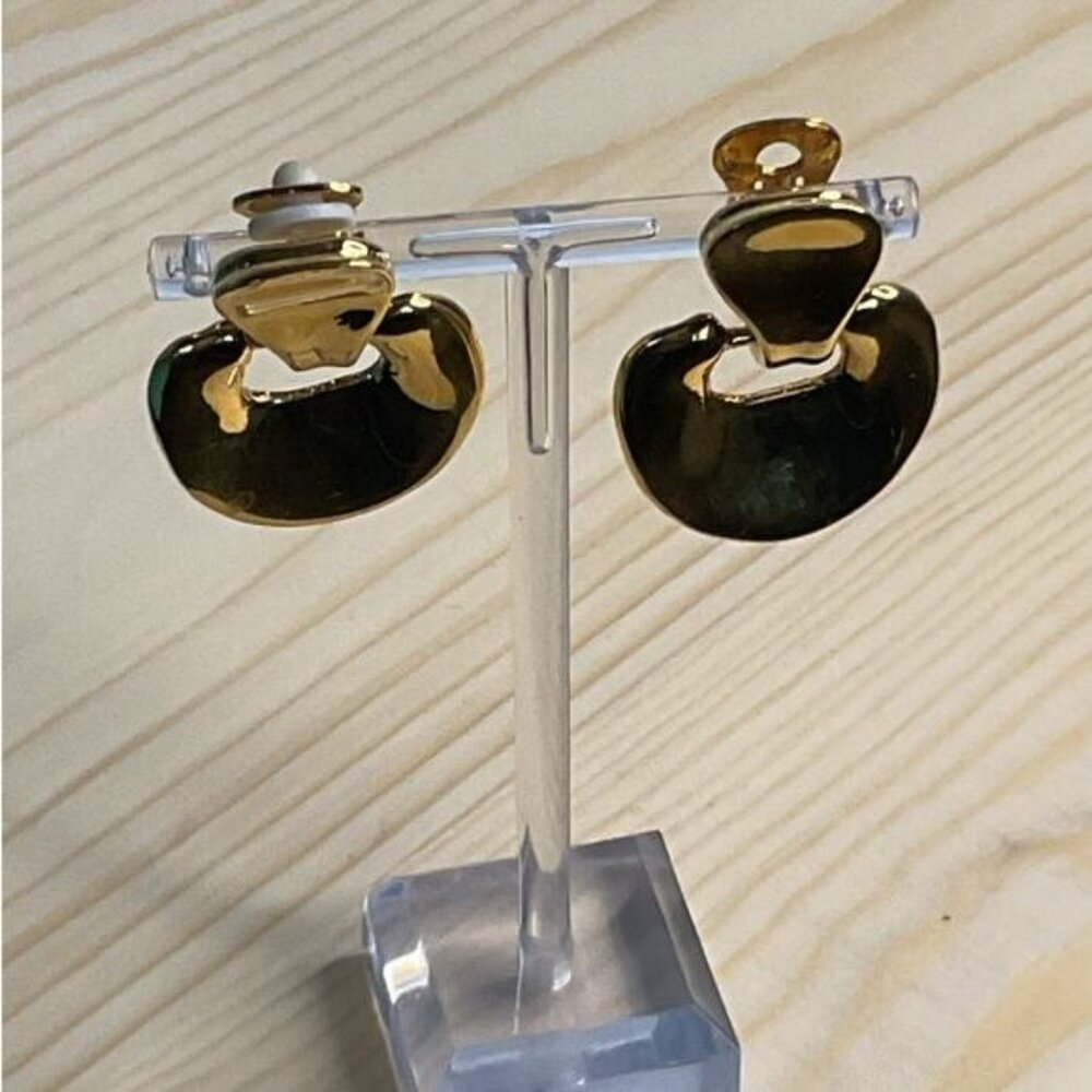 Vintage Gold Tone Clip-On Articulating Dangle Earrings Retro Style Dome Design
